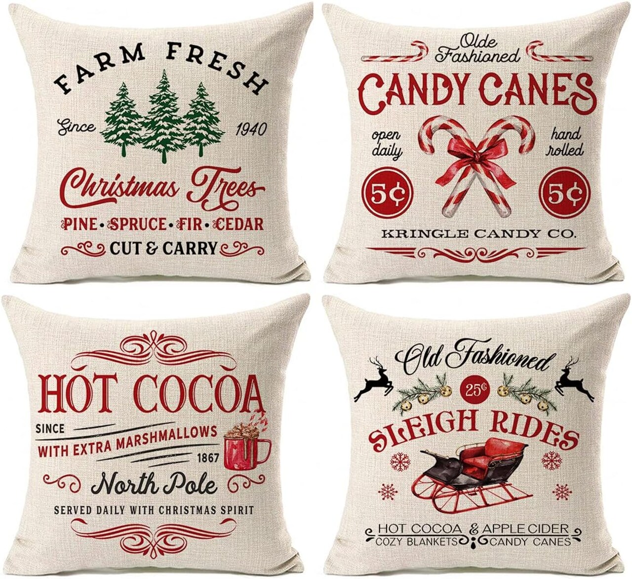 Farmhouse Christmas Pillow Covers 18x18 Set of 4 Rustic Winter Holiday Xmas Decor Christmas Decorations Cushion Cases for Couch Tree Candy Canes Cocoa Sleigh Rides (18"x18")